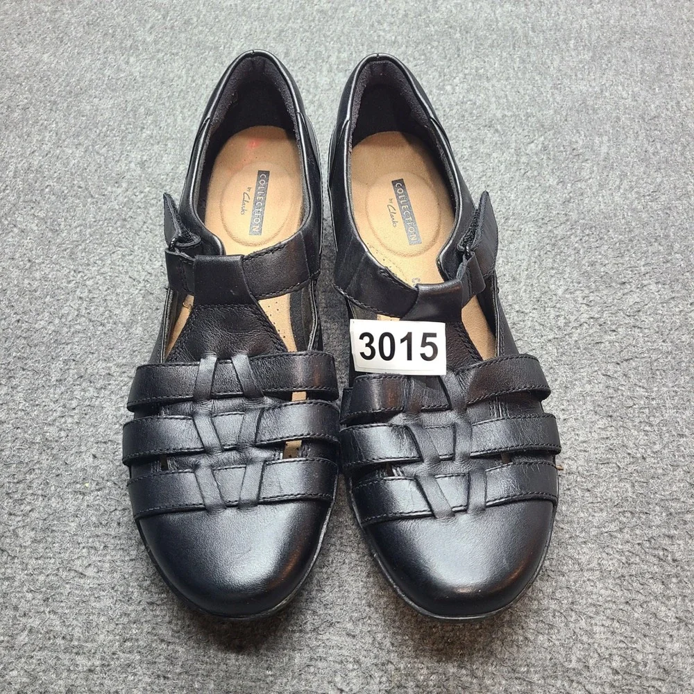 Clarks Women Black Leather Woven Strappy Mary Jane Flats Shoes 8.5M
